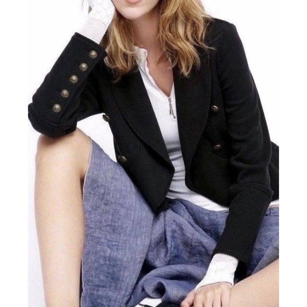 Free People Flared Femme Jacket Ruffle Military Knit Black Bohemian Preppy M